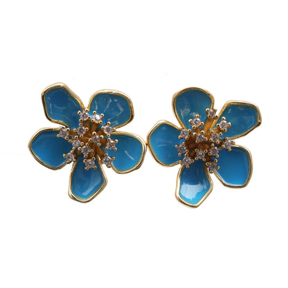 1 Pair Elegant Flower Petal Enamel Inlay Copper Zircon Gold Plated Ear Studs