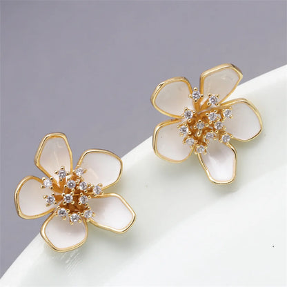 1 Pair Elegant Flower Petal Enamel Inlay Copper Zircon Gold Plated Ear Studs