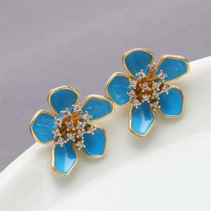 1 Pair Elegant Flower Petal Enamel Inlay Copper Zircon Gold Plated Ear Studs