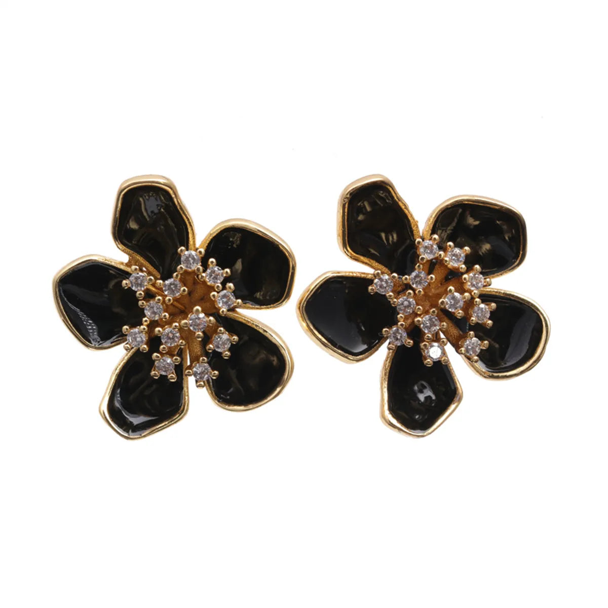 1 Pair Elegant Flower Petal Enamel Inlay Copper Zircon Gold Plated Ear Studs