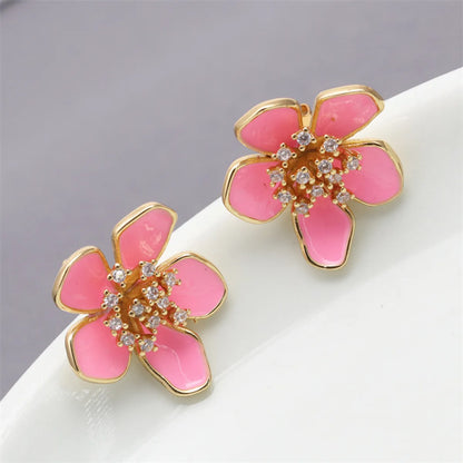 1 Pair Elegant Flower Petal Enamel Inlay Copper Zircon Gold Plated Ear Studs