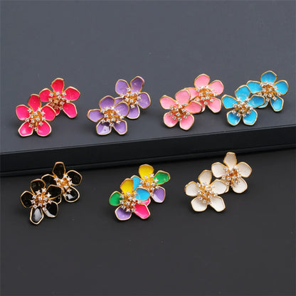 1 Pair Elegant Flower Petal Enamel Inlay Copper Zircon Gold Plated Ear Studs