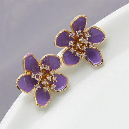 1 Pair Elegant Flower Petal Enamel Inlay Copper Zircon Gold Plated Ear Studs