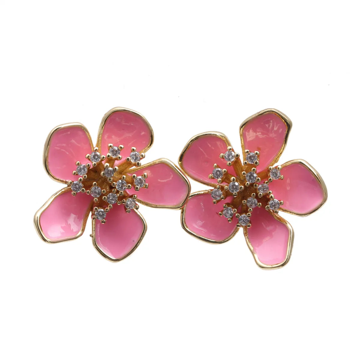 1 Pair Elegant Flower Petal Enamel Inlay Copper Zircon Gold Plated Ear Studs