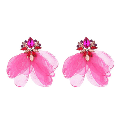 1 Pair Elegant Flower Petal Plating Inlay Alloy Gauze Rhinestones Glass Drill Gold Plated Earrings