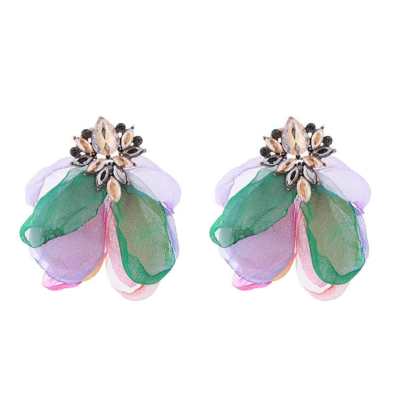 1 Pair Elegant Flower Petal Plating Inlay Alloy Gauze Rhinestones Glass Drill Gold Plated Earrings