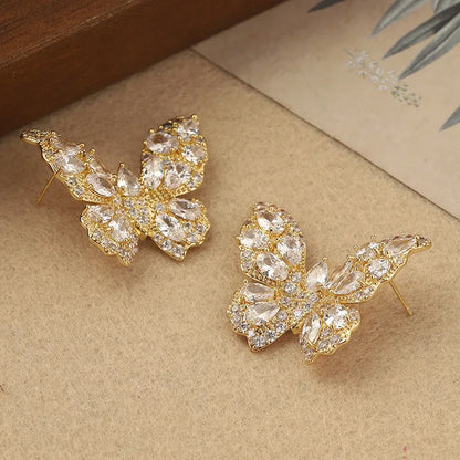 1 Pair Elegant French Style Butterfly Inlay Copper Zircon 14K Gold Plated Ear Studs