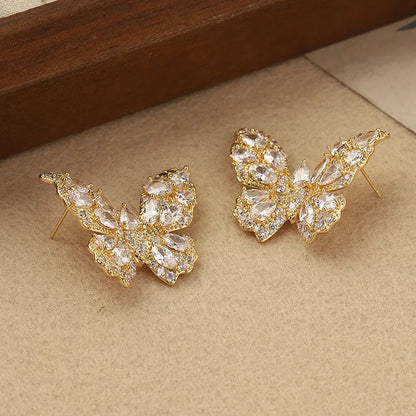 1 Pair Elegant French Style Butterfly Inlay Copper Zircon 14K Gold Plated Ear Studs