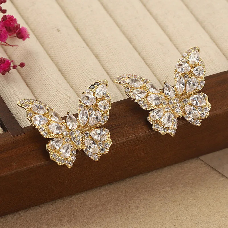 1 Pair Elegant French Style Butterfly Inlay Copper Zircon 14K Gold Plated Ear Studs