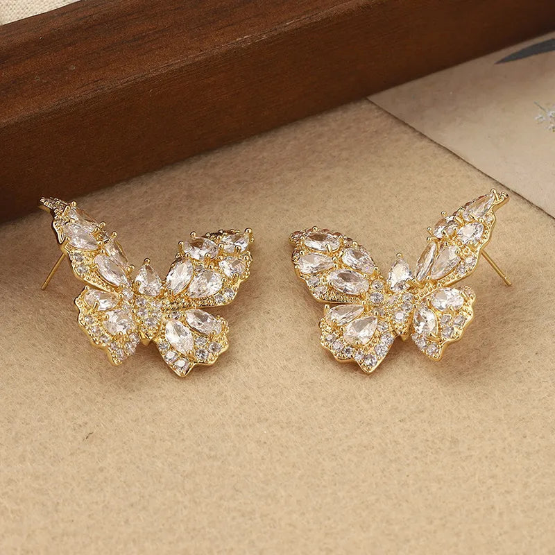 1 Pair Elegant French Style Butterfly Inlay Copper Zircon 14K Gold Plated Ear Studs