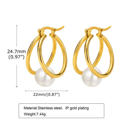 1 Pair Elegant French Style Circle Plating Inlay Stainless Steel Pearl 18k Gold Plated Earrings