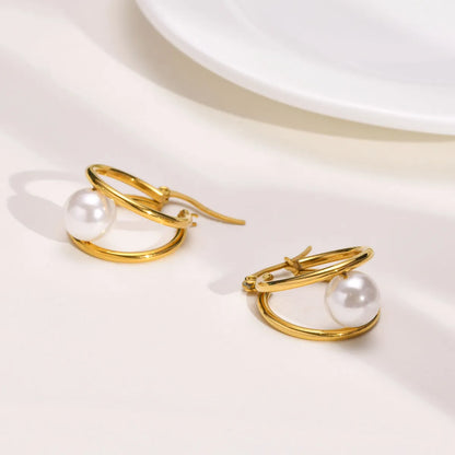 1 Pair Elegant French Style Circle Plating Inlay Stainless Steel Pearl 18k Gold Plated Earrings