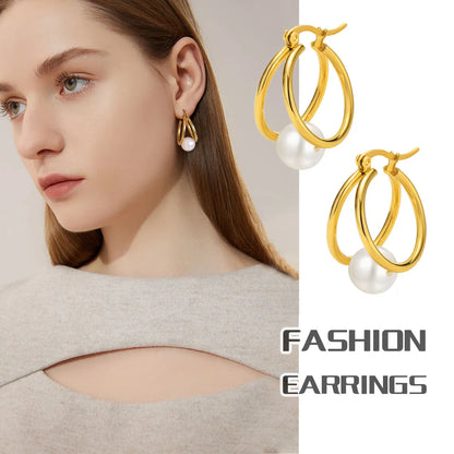 1 Pair Elegant French Style Circle Plating Inlay Stainless Steel Pearl 18k Gold Plated Earrings