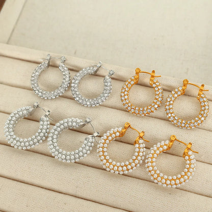 1 Pair Elegant French Style Commute Circle Polishing Inlay 304 Stainless Steel Rhinestones Glass Bead 18K Gold Plated Earrings