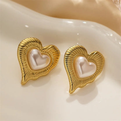 1 Pair Elegant French Style Streetwear Heart Shape Inlay 304 Stainless Steel Artificial Pearls Ear Studs