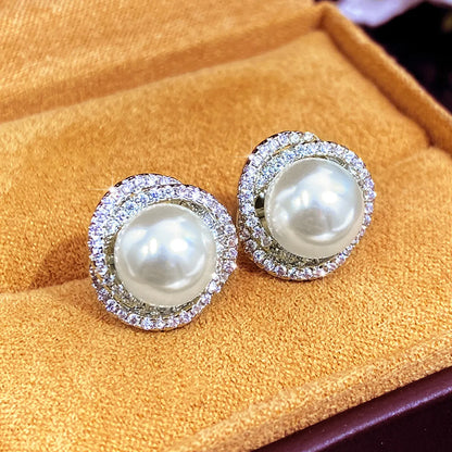 1 Pair Elegant Geometric Inlay Imitation Pearl Copper Zircon Ear Studs