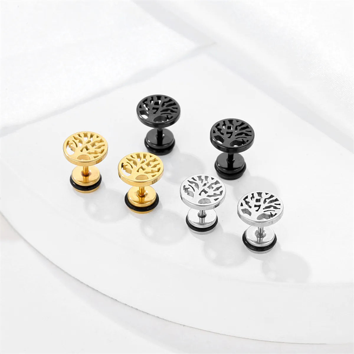 1 Pair Elegant Geometric Life Tree Plating Stainless Steel Ear Studs