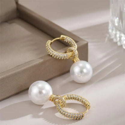 1 Pair Elegant Geometric Plating Inlay Stainless Steel Imitation Pearl Zircon 18k Gold Plated Drop Earrings