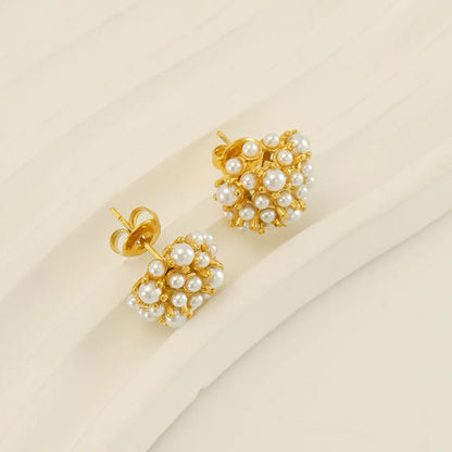 1 Pair Elegant Geometric Polishing Plating Inlay Stainless Steel Freshwater Pearl 18k Gold Plated Ear Studs