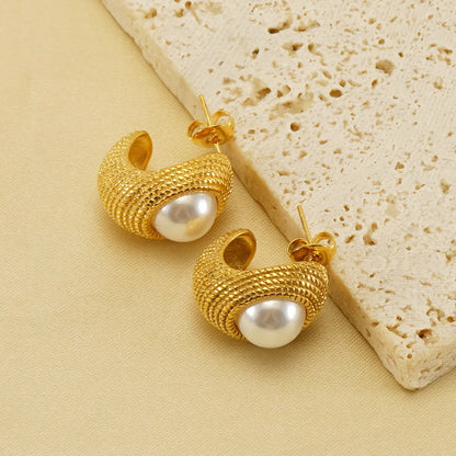 1 Pair Elegant Geometric Polishing Plating Inlay Stainless Steel Pearl 18k Gold Plated Ear Studs