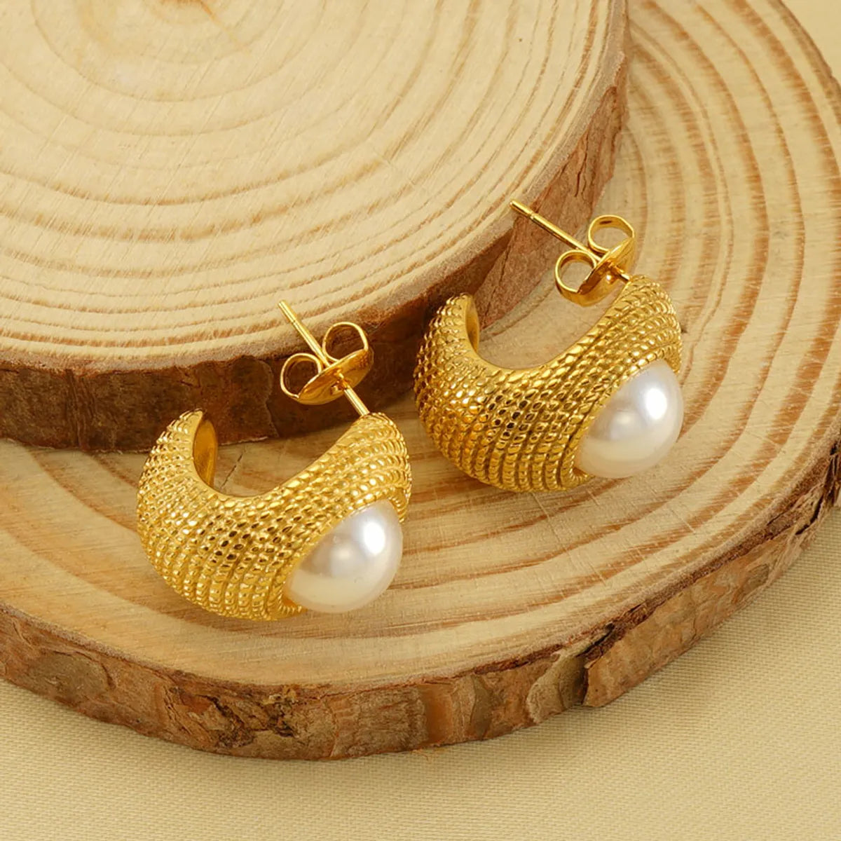 1 Pair Elegant Geometric Polishing Plating Inlay Stainless Steel Pearl 18k Gold Plated Ear Studs