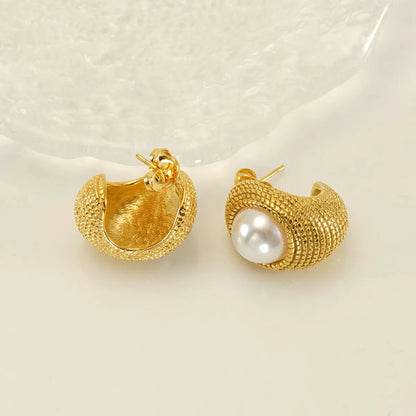 1 Pair Elegant Geometric Polishing Plating Inlay Stainless Steel Pearl 18k Gold Plated Ear Studs