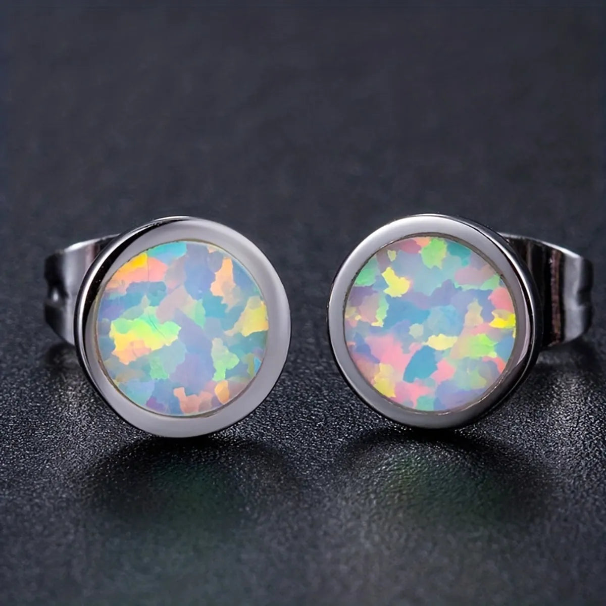 1 Pair Elegant Geometric Round Inlay Copper Opal White Gold Plated Ear Studs