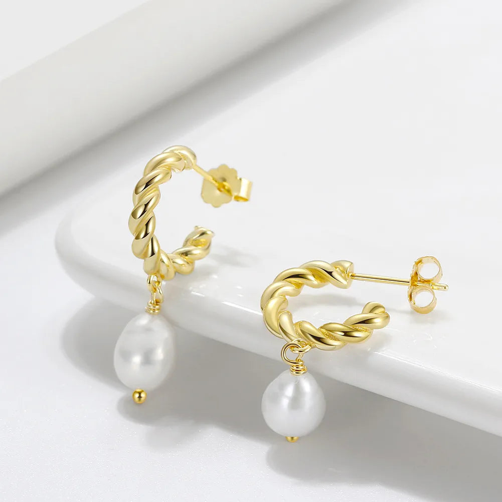 1 Pair Elegant Geometric Sterling Silver Inlay Freshwater Pearl 14k Gold Plated Drop Earrings