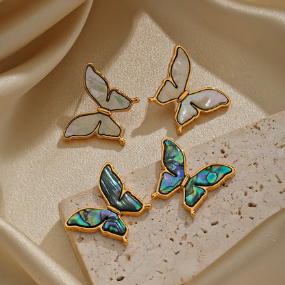 1 Pair Elegant Glam Butterfly Inlay Copper Shell 18K Gold Plated Ear Studs