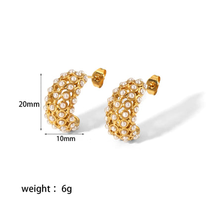 1 Pair Elegant Glam C Shape Polishing Plating Inlay Stainless Steel Pearl Zircon 18k Gold Plated Ear Studs