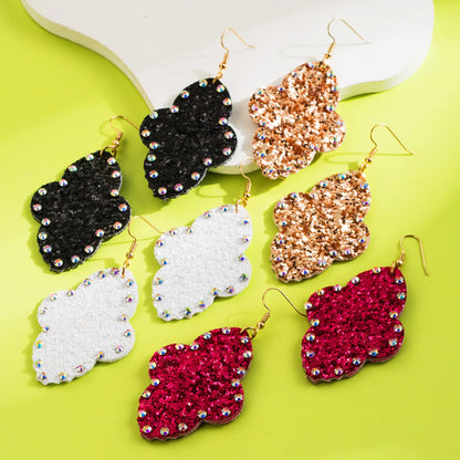 1 Pair Elegant Glam Cross Sequins Inlay Pu Leather Rhinestones Drop Earrings