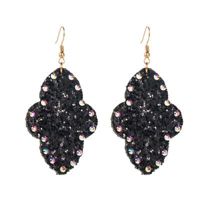 1 Pair Elegant Glam Cross Sequins Inlay Pu Leather Rhinestones Drop Earrings