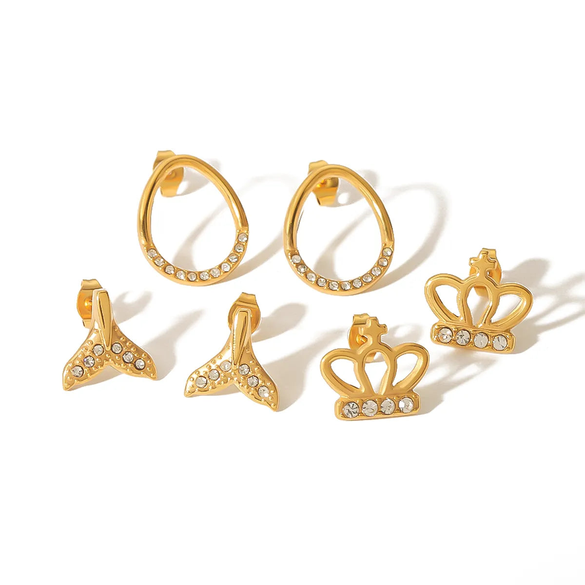 1 Pair Elegant Glam Crown Fish Tail Polishing Plating Inlay 304 Stainless Steel Zircon 18K Gold Plated Ear Studs