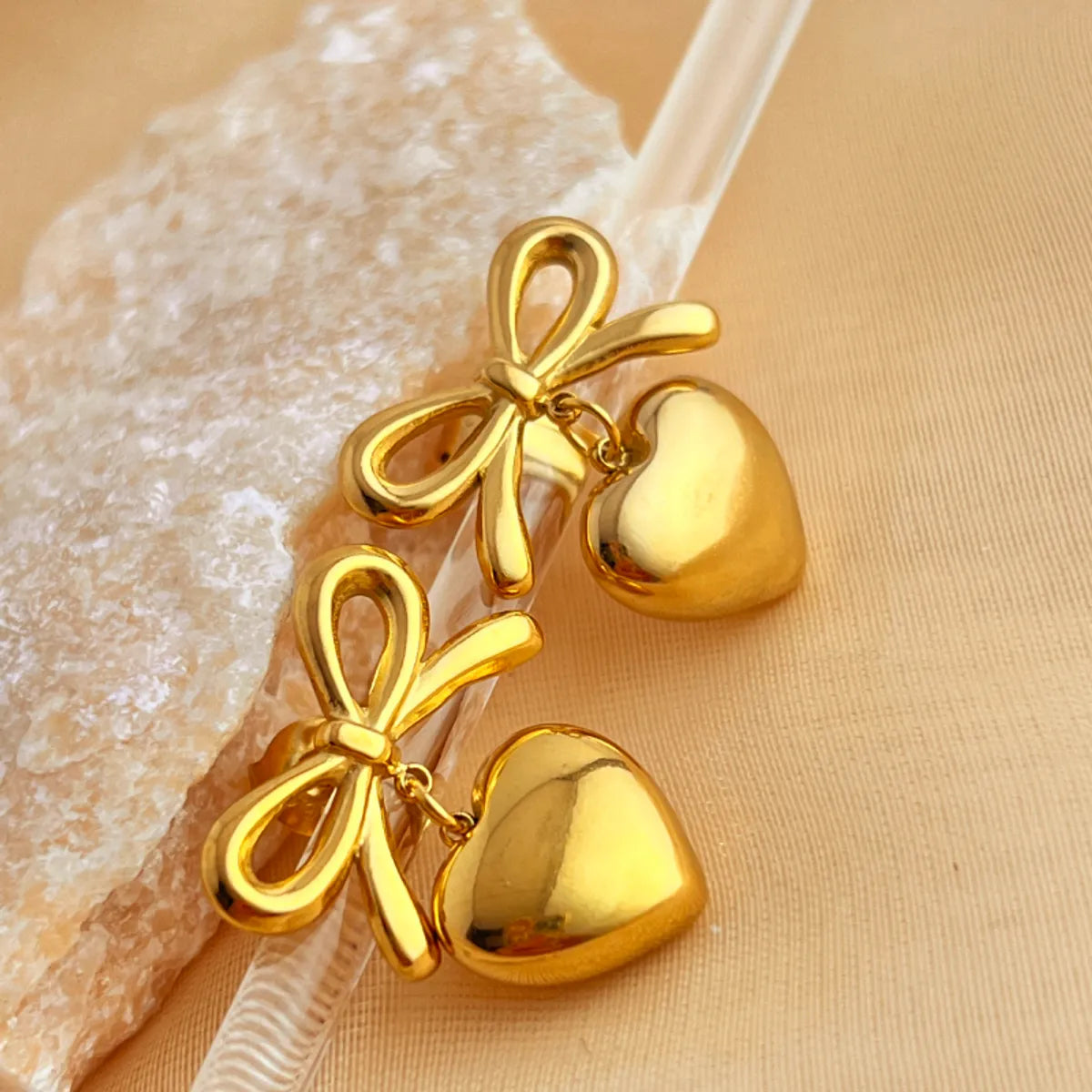 1 Pair Elegant Glam Luxurious Heart Shape Bow Knot Plating 304 Stainless Steel 18K Gold Plated Dangling Earrings