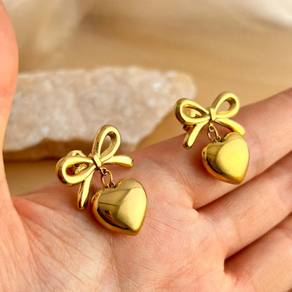 1 Pair Elegant Glam Luxurious Heart Shape Bow Knot Plating 304 Stainless Steel 18K Gold Plated Dangling Earrings