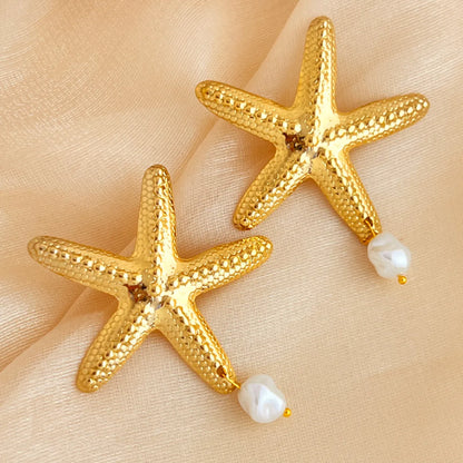 1 Pair Elegant Glam Luxurious Starfish Pearl 304 Stainless Steel 18K Gold Plated Drop Earrings