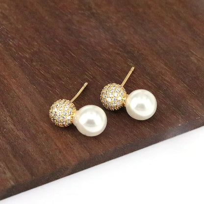 1 Pair Elegant Glam Round Plating Inlay Copper Artificial Pearls Rhinestones 18k Gold Plated Silver Plated Ear Studs