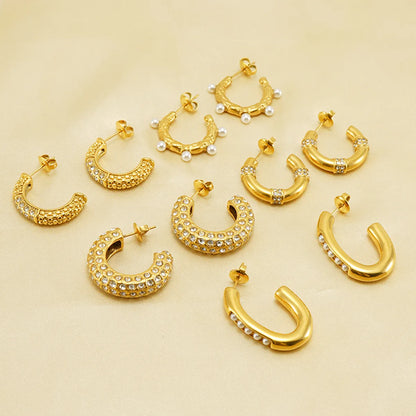 1 Pair Elegant Glam Shiny C Shape Plating Inlay Stainless Steel Pearl Zircon 18k Gold Plated Ear Studs