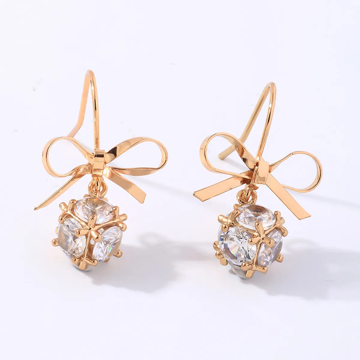 1 Pair Elegant Glam Shiny Round Bow Knot Plating Inlay Copper Zircon Gold Plated Drop Earrings