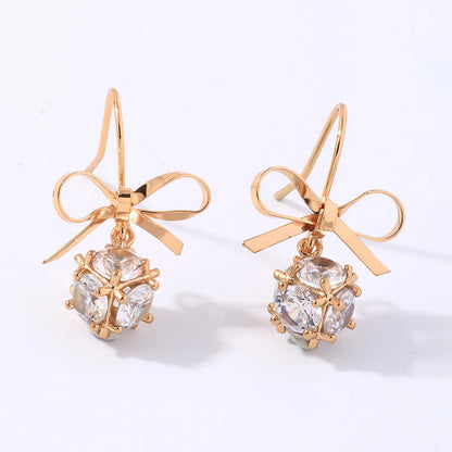 1 Pair Elegant Glam Shiny Round Bow Knot Plating Inlay Copper Zircon Gold Plated Drop Earrings