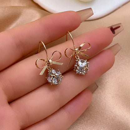 1 Pair Elegant Glam Shiny Round Bow Knot Plating Inlay Copper Zircon Gold Plated Drop Earrings