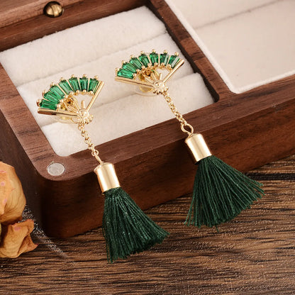 1 Pair Elegant Glam Shiny Sector Tassel Butterfly Plating Inlay Copper Zircon Gold Plated Drop Earrings