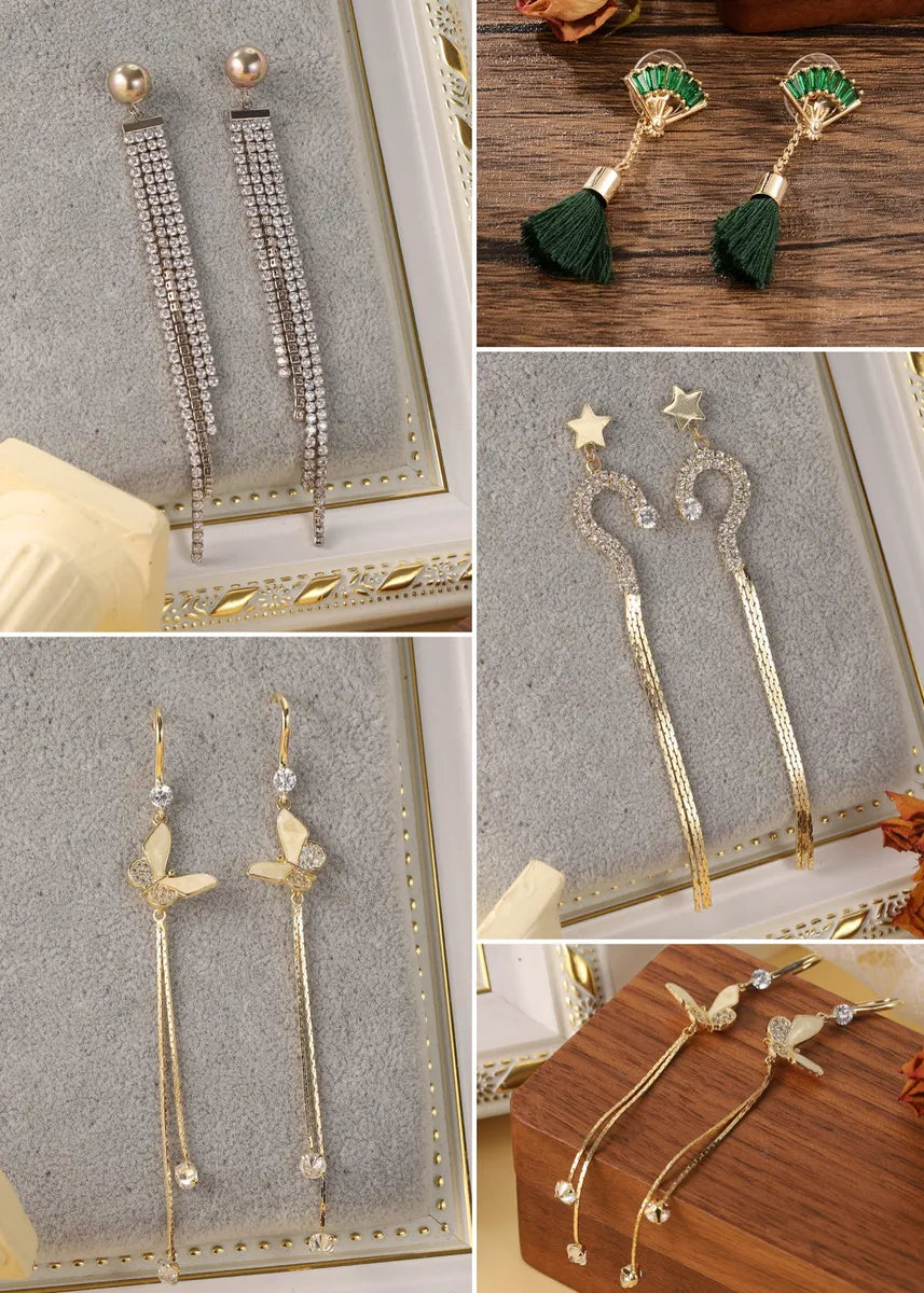 1 Pair Elegant Glam Shiny Sector Tassel Butterfly Plating Inlay Copper Zircon Gold Plated Drop Earrings