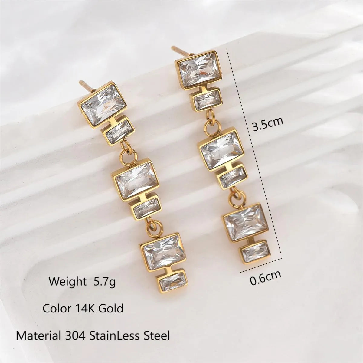 1 Pair Elegant Glam Wedding Rectangle Polishing Inlay Stainless Steel Zircon 14K Gold Plated Drop Earrings