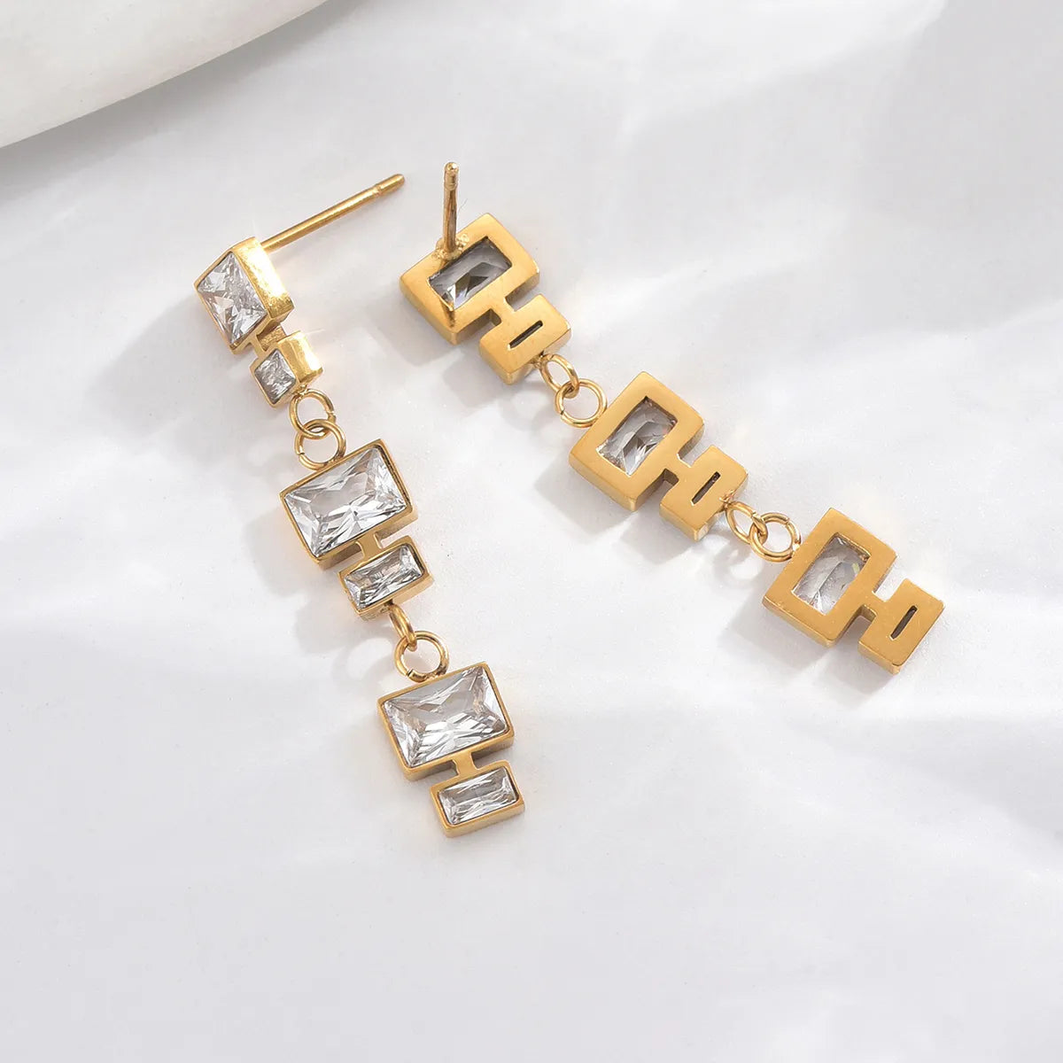 1 Pair Elegant Glam Wedding Rectangle Polishing Inlay Stainless Steel Zircon 14K Gold Plated Drop Earrings