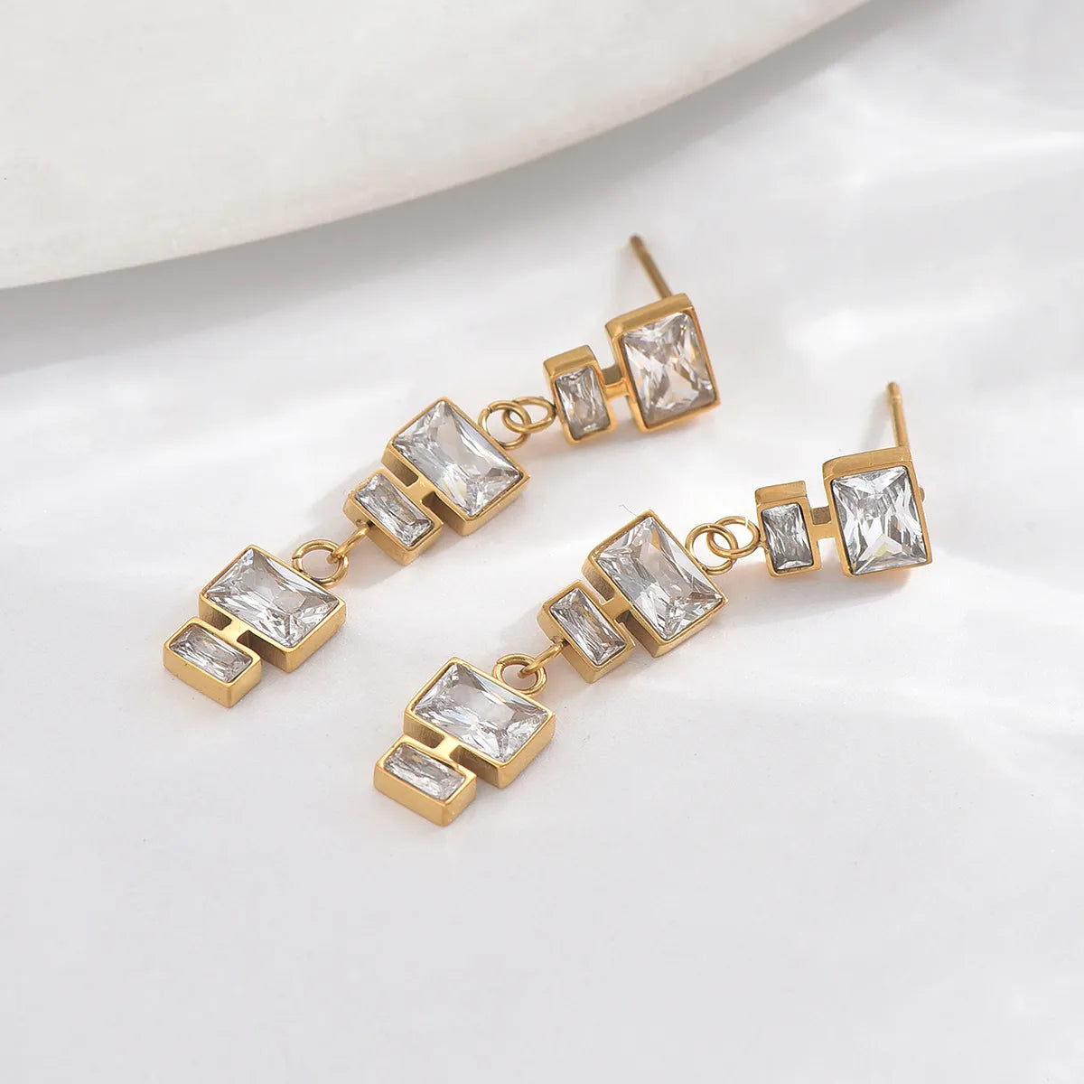 1 Pair Elegant Glam Wedding Rectangle Polishing Inlay Stainless Steel Zircon 14K Gold Plated Drop Earrings