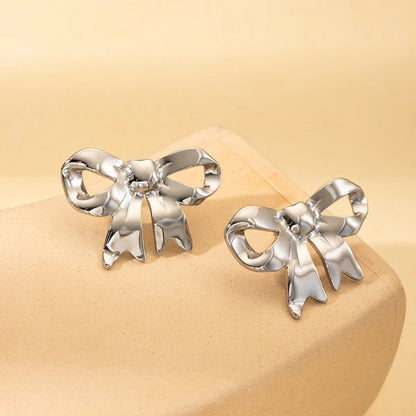 1 Pair Elegant Heart Shape Flower Bow Knot 304 Stainless Steel Ear Studs