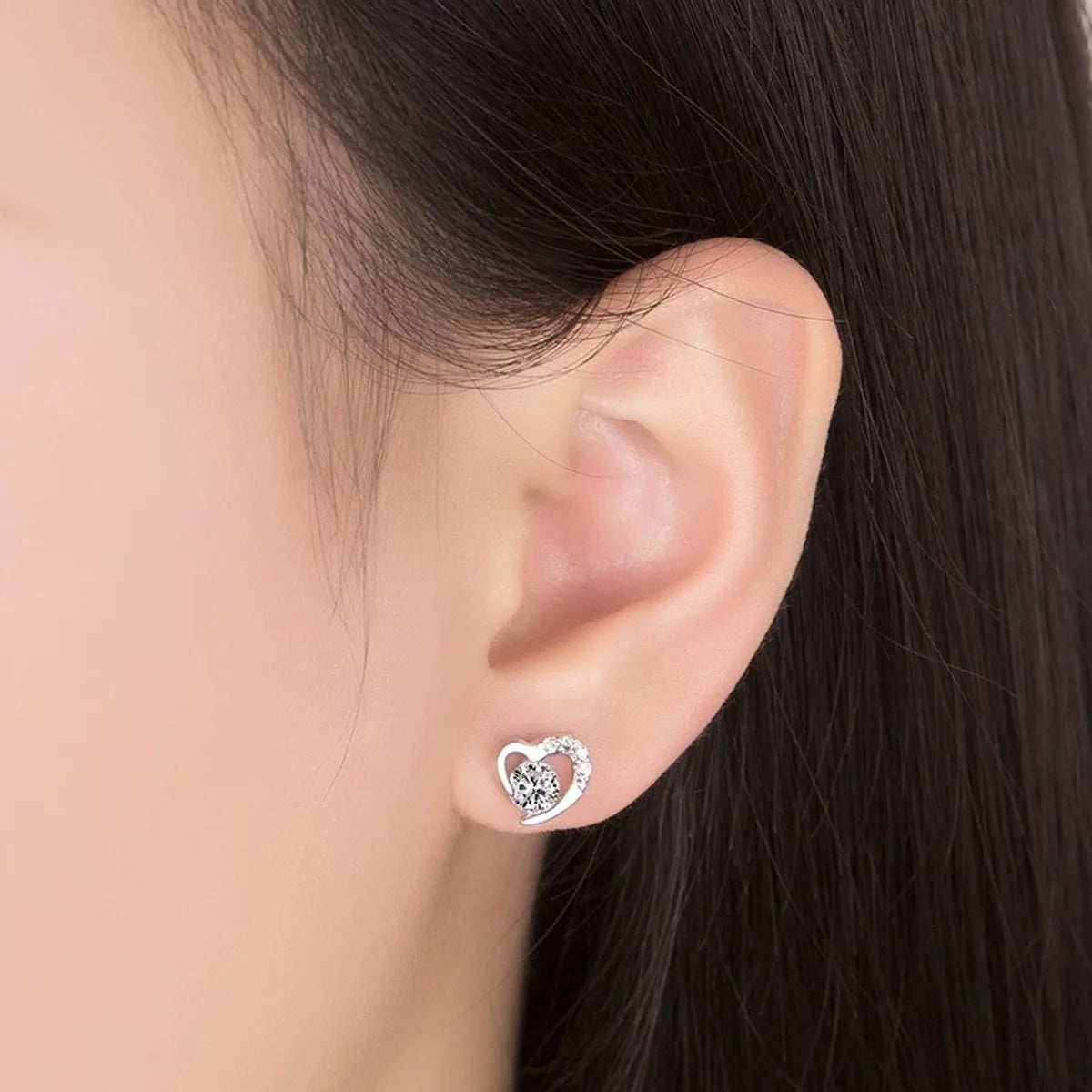 1 Pair Elegant Heart Shape Inlay Sterling Silver Zircon Ear Studs