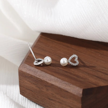 1 Pair Elegant Heart Shape Pearl Inlay Sterling Silver Artificial Diamond Ear Studs