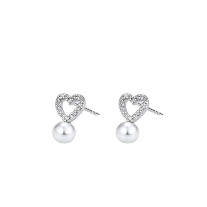 1 Pair Elegant Heart Shape Pearl Inlay Sterling Silver Artificial Diamond Ear Studs